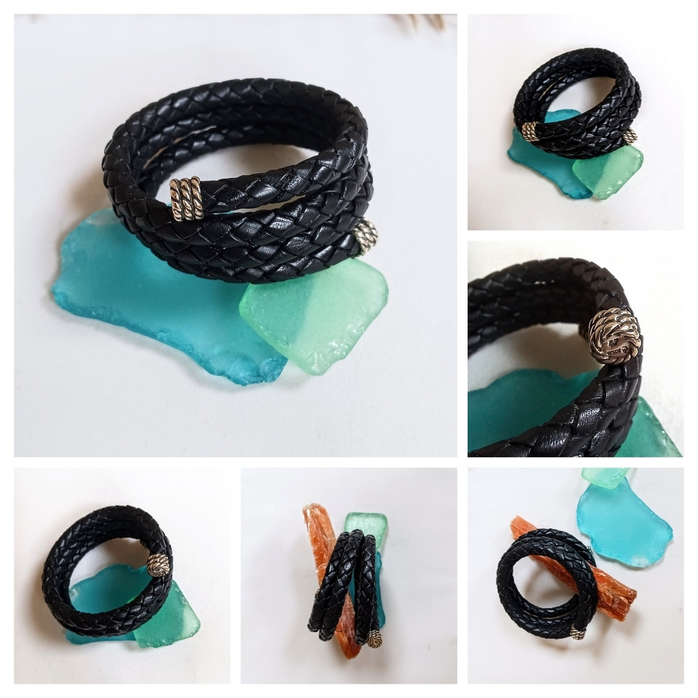 American West Carolyn Pollack Bracelet Black Coil Leather Sterling Silver 925